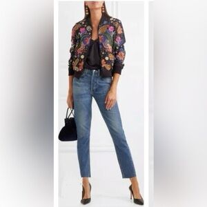 Alice+Olivia Felisa Floral Embroidery& Embellishment Silk Bomber Jacket,Size-S